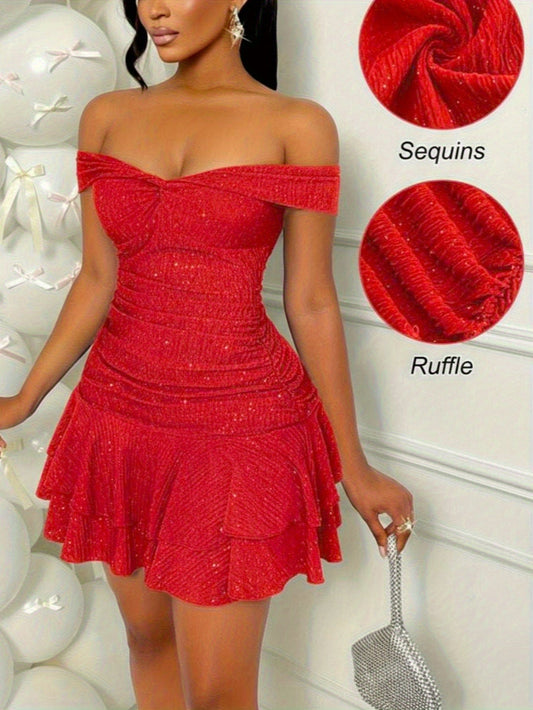 Sequin Off Shoulder Ruffle Dress for Women